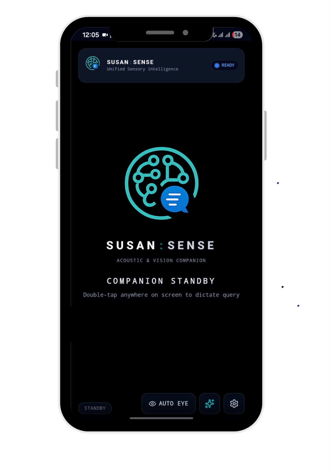 SUSAN Sense app on standby, reading: Companion Standby — double-tap anywhere on screen to dictate a query.